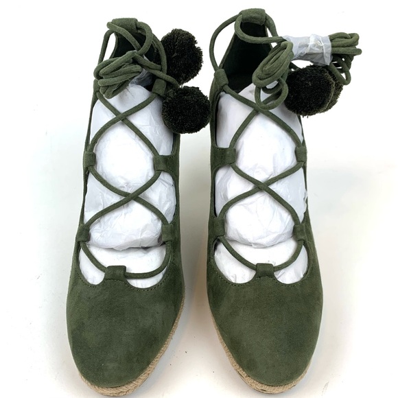 Tory Burch Heather Wedge Espadrille Green Suede Leather Lace Up Heel Size 6 - Picture 3 of 6
